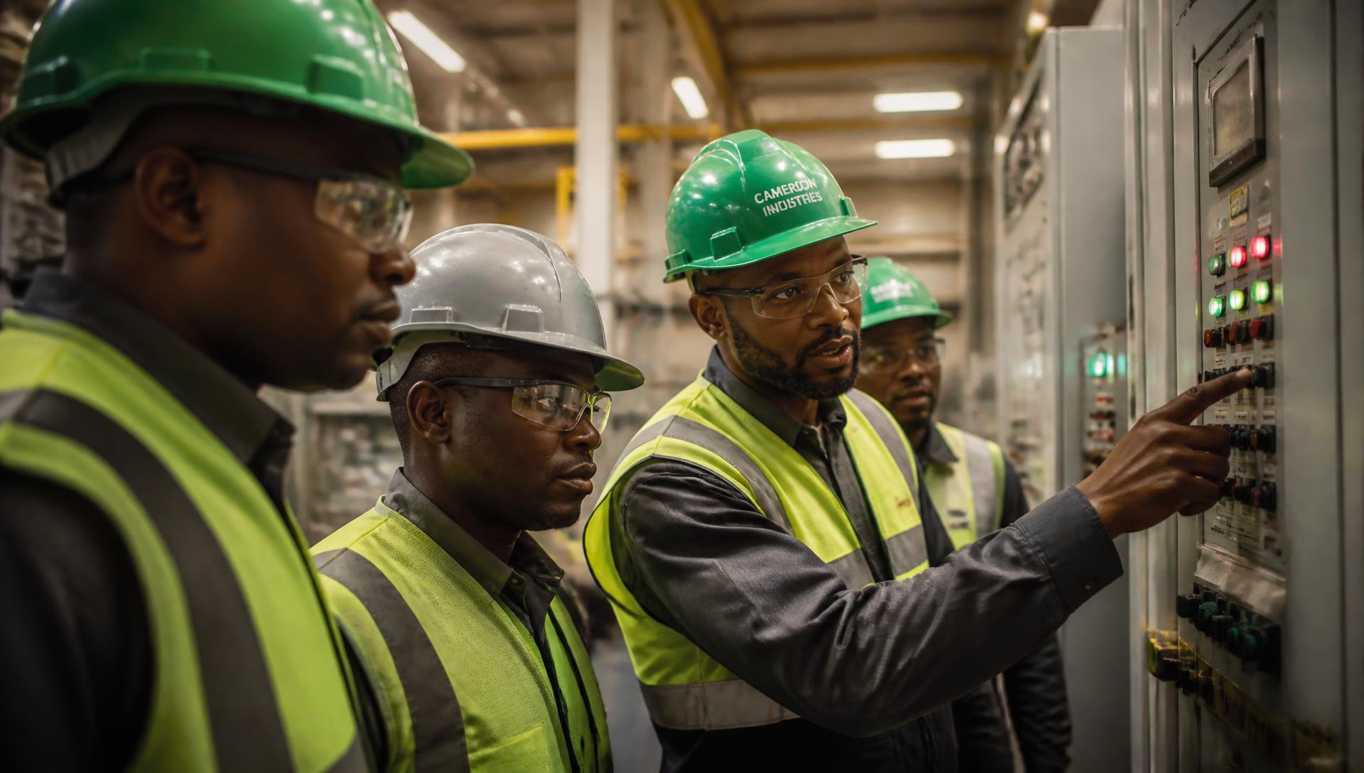 Ingénieurs et techniciens africains contrôlant une armoire électrique industrielle