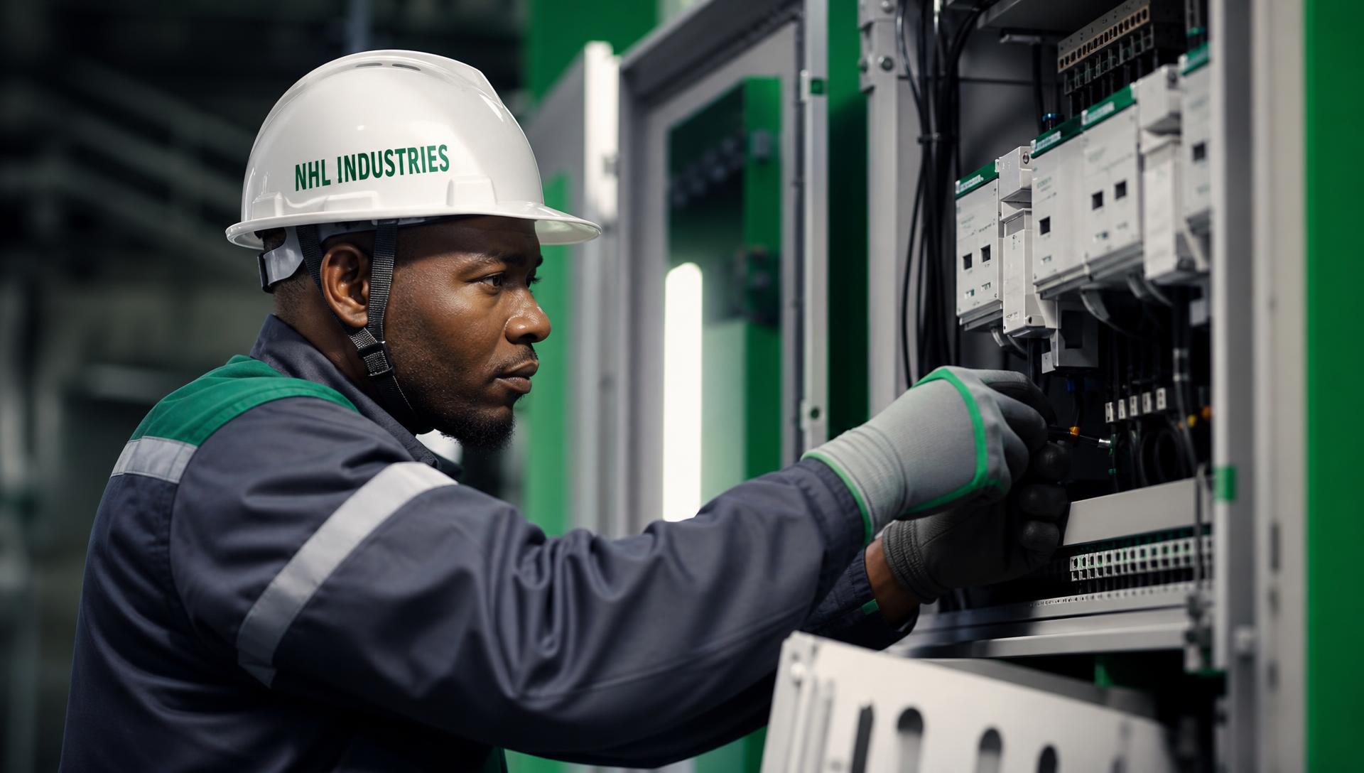 Ingénieurs et techniciens africains contrôlant une armoire électrique industrielle